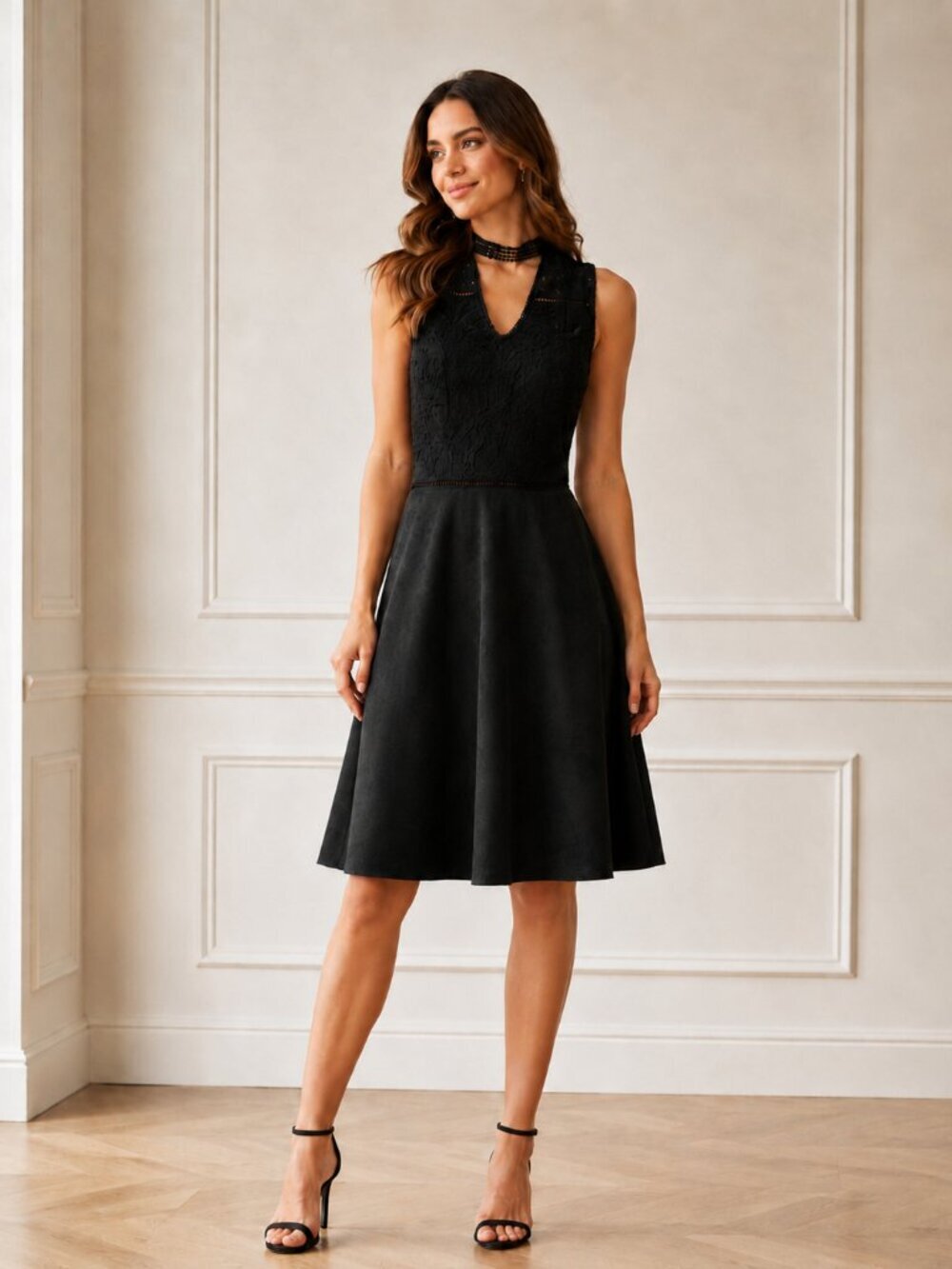 Alya Black Lace Choker Dress Size Small Sleeveless Faux Suede Bottom
